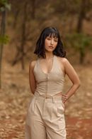Beige Halter Neck Waistcoat & Pleated Shorts