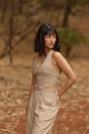 Beige Halter Neck Waistcoat & Pleated Shorts