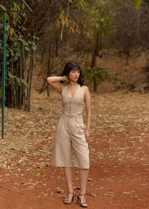 Beige Halter Neck Waistcoat & Pleated Shorts