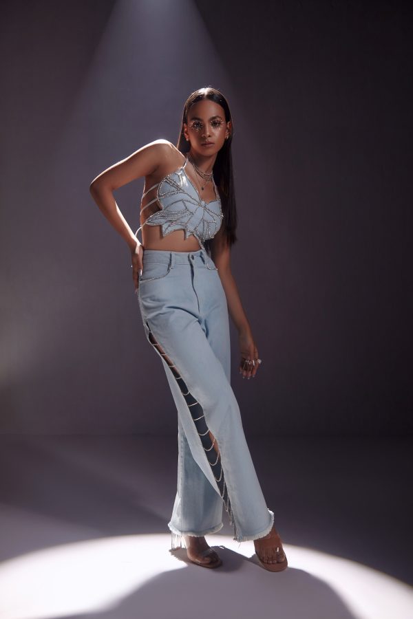 Rhinestone Embellished Jeans with Side Slit - Image 2