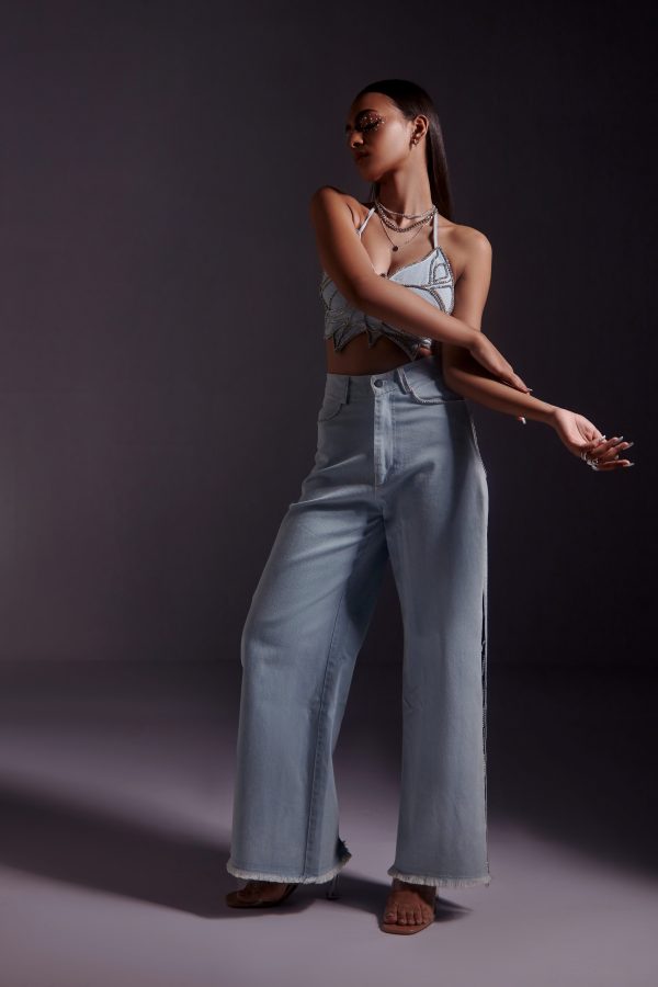 Rhinestone Embellished Jeans with Side Slit - Image 3
