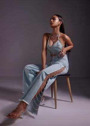Rhinestone Embellished Jeans with Side Slit