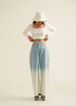 Blue White Ombre Denim Jeans with Pocket Cut-outs