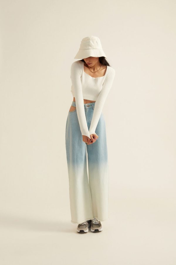 Blue White Ombre Denim Jeans with Pocket Cut-outs - Image 2