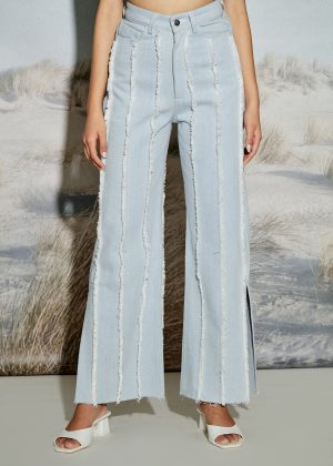 Paneled Denim Jeans with Raw Seams and Side Slit