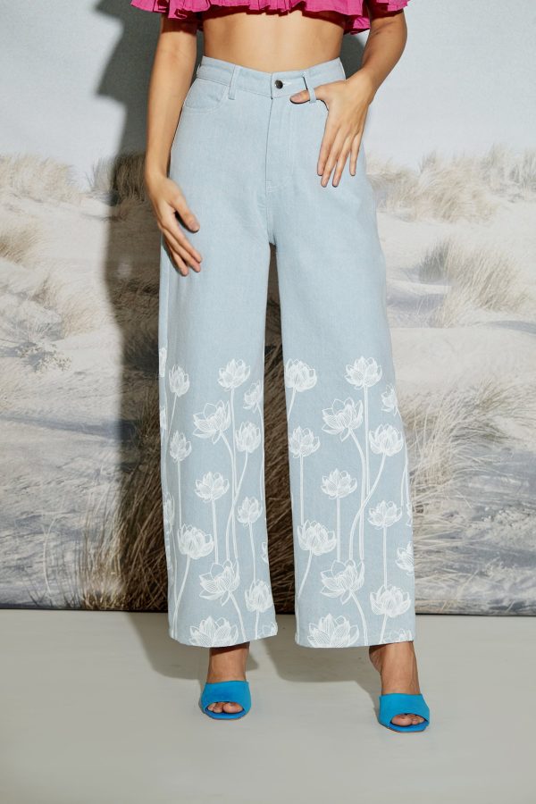 Lotus Print Wide Leg Denim