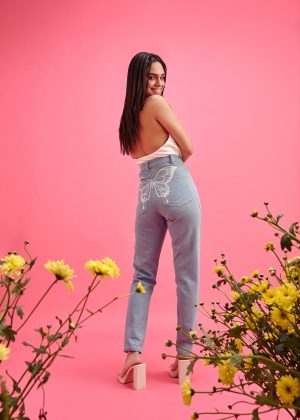 Butterfly-Print Mom Jeans