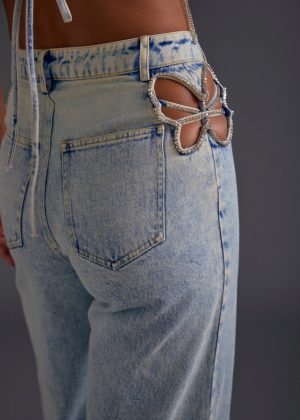 Rhinestone Embellished Cutout Jeans