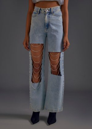 Rhinestone Embellished Ripped Jeans